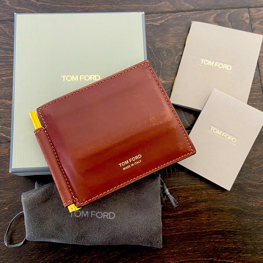 TOM FORD Mens Cognac Leather T-Line Billfold Wallet 8 Card Slots Gold Money Clip